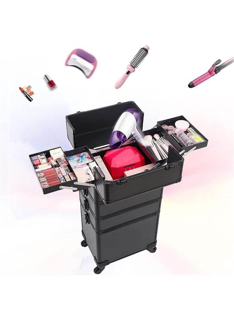 حالة ماكياج المهنية حالة ماكياج عربة الحالة، ماكياج كبير قطار حالة المتداول ماكياج منظم مربع، قفل المجوهرات السفر مستحضرات التجميل حالة القطار مع 4 عجلات (أسود، 3 طبقة) - Image 4